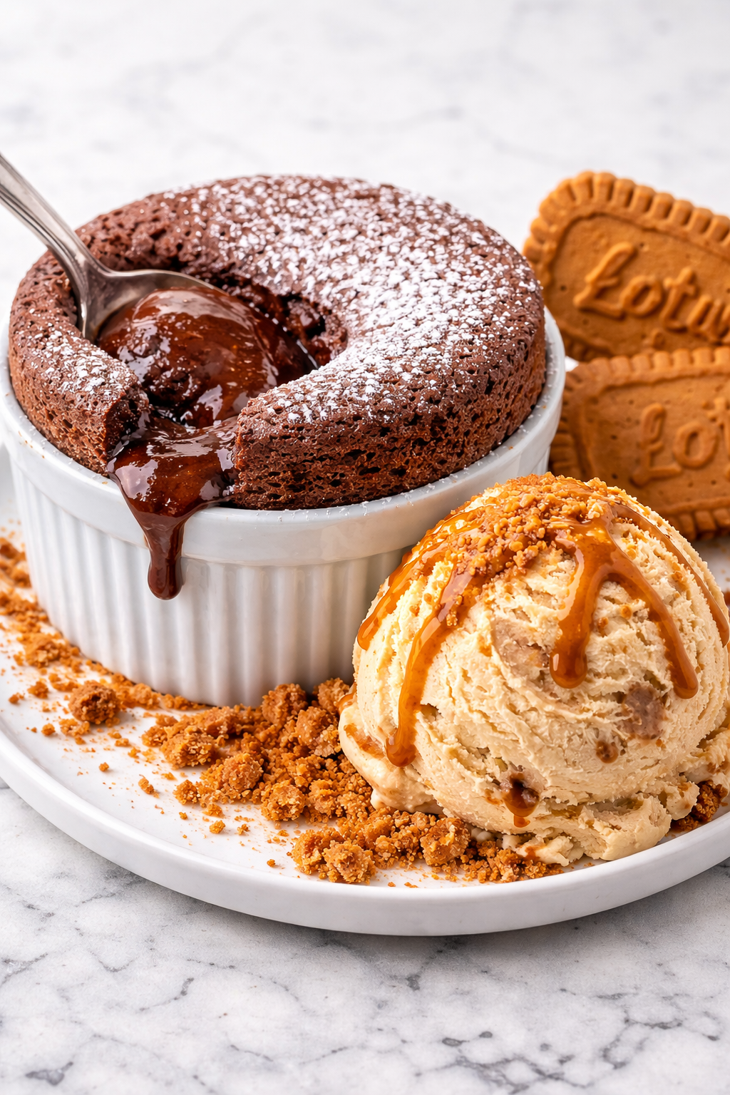 Chocolate Soufflé with Lotus Biscoff Ice Cream