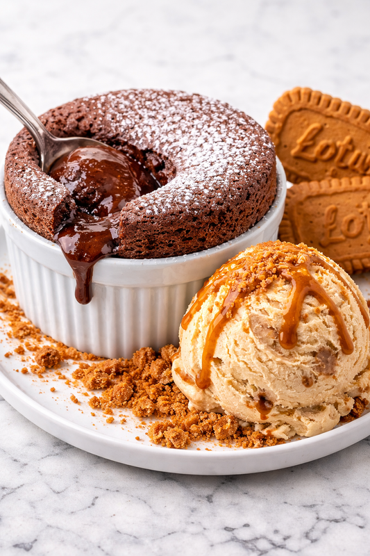 Chocolate Soufflé with Lotus Biscoff Ice Cream